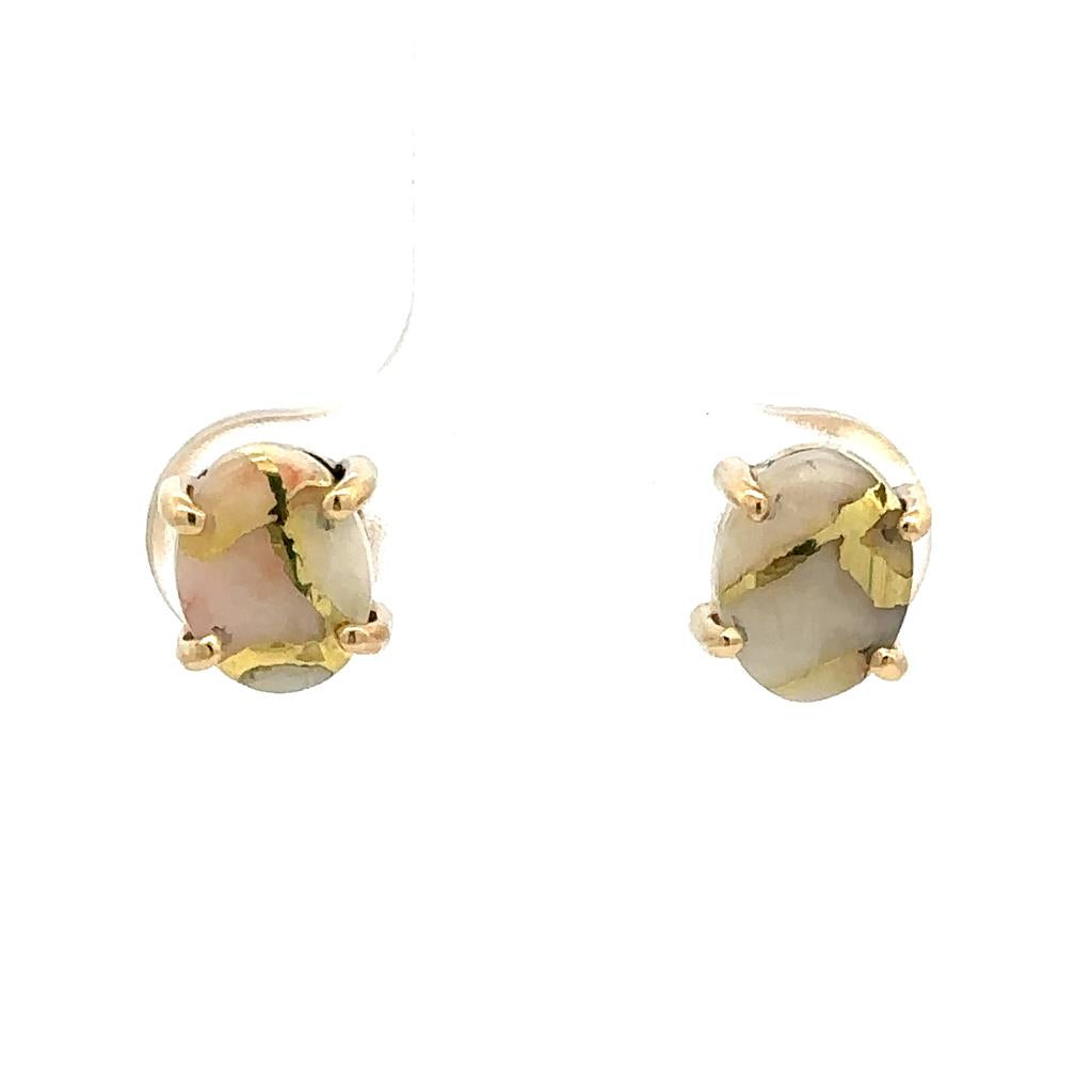 14 KT Yellow Single Stone Stud Earrings With 7.71mm 1.98ctw Cabochon Oval Glacier Gold Quartz With 7.82mm 2.76 ctw Cabochon Oval Glacier Gold Quartz