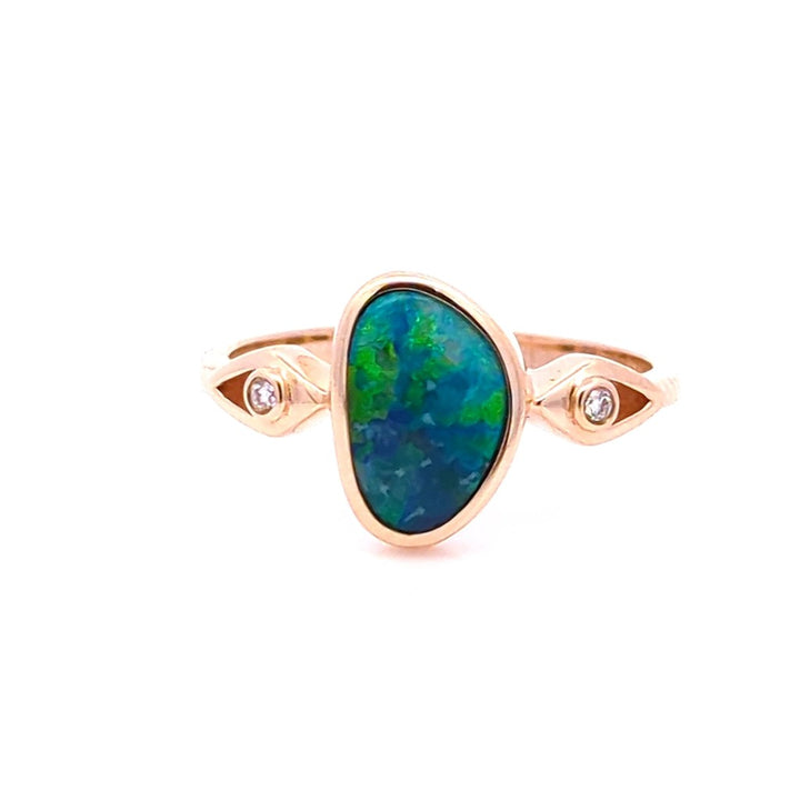 Free Form Style Colored Stone Ring 14 Karat Gold Yellow with Opal & Diamonds Accent size 8