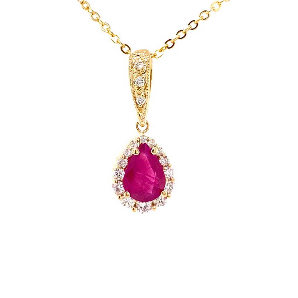 Halo Pendants 14 KT Yellow with Pear Ruby & Round G Diamond