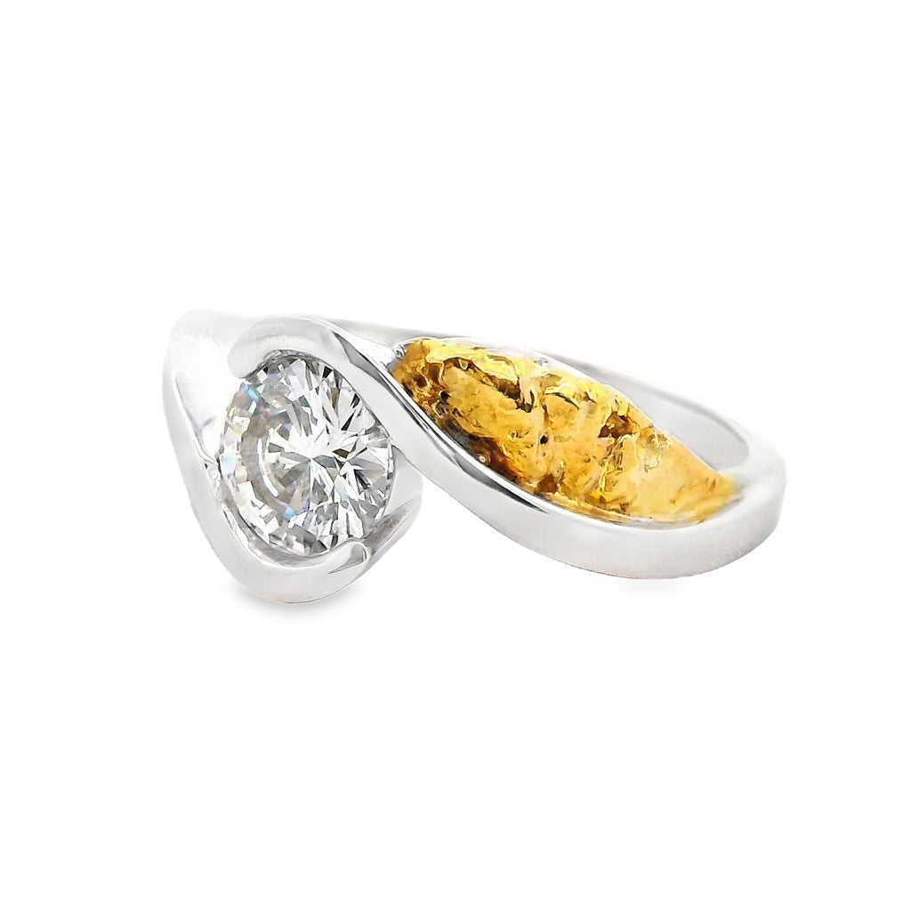 Bypass Diamond Engagement Ring Two Tone 14 Karat Gold & Alaskan Gold Nugget With A 1.00 Carat Round Shape Diamond Center