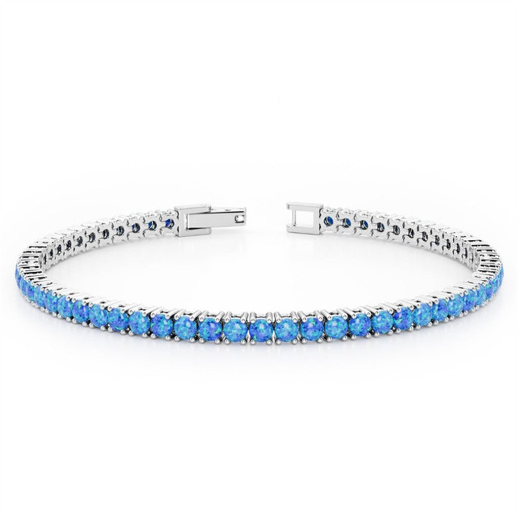Tennis Style Gemstone Bracelet Sterling Silver Silver With Opals Lab Grown 8" Long