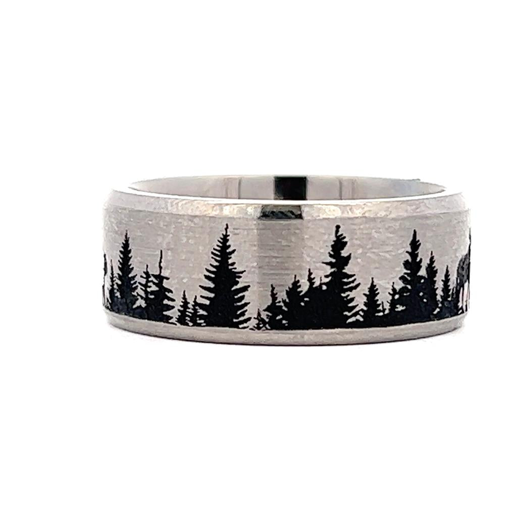 Silver & Black Titanium Alternative Metal Ring 9mm wide with a Bear Moose Deer Mountain pattern Black Color Size 10