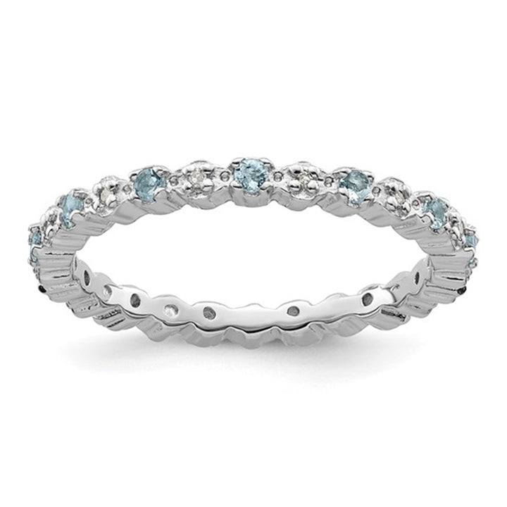 Stackable Style Colored Stone Ring Sterling Silver White with Aquas & Diamonds Accent size 7