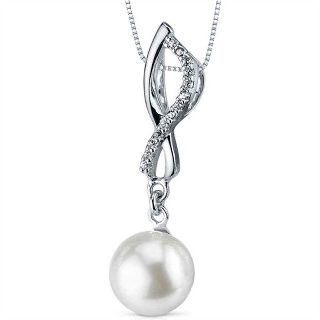 October Birthstone Slider Pearl Pendant Sterling Silver White with Round Fresh Water Pearl & Round Cubic Zirconias