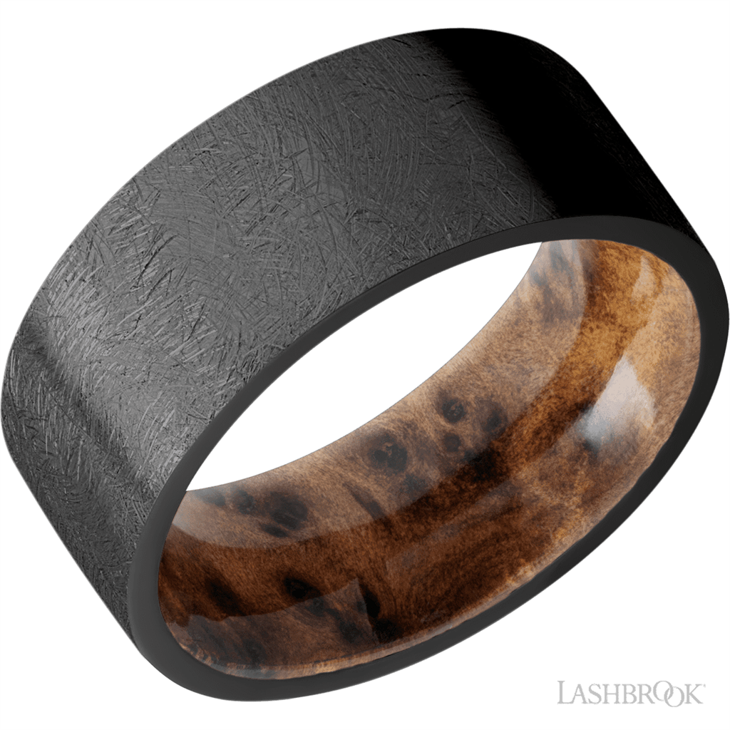Black Zirconium Alternative Metal Ring 9mm wide Thuya Burl Size 12