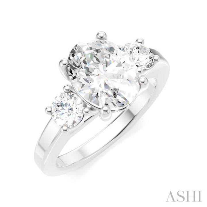 Three Stone Diamond Engagement Ring White 14 Karat Gold For A 2.00 Carat Oval Center Stone