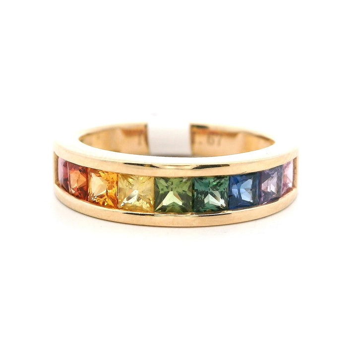 Geometric Style Colored Stone Ring 14 Karat Yellow with Sapphire size 7