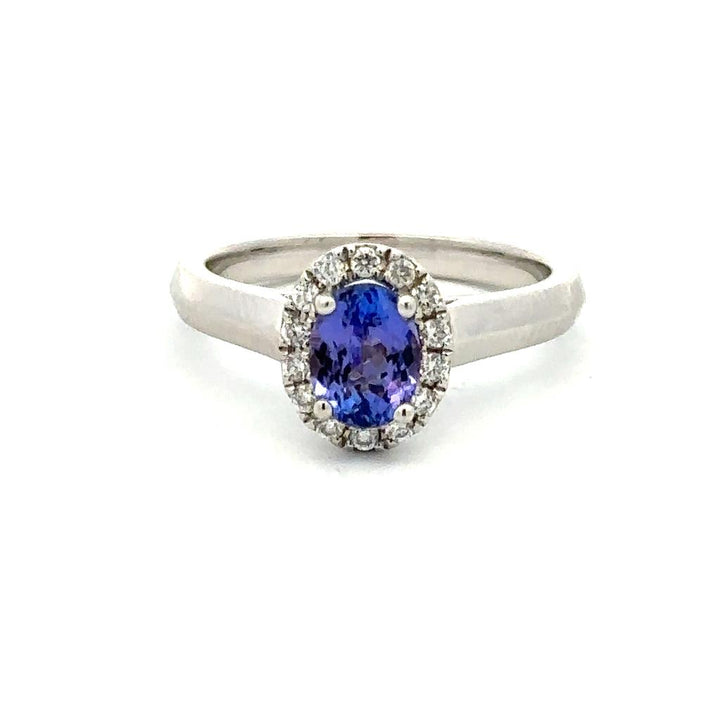 Ballerina Style Colored Stone Ring 14 KT White with Tanzanite & Diamond Accent size 6.5