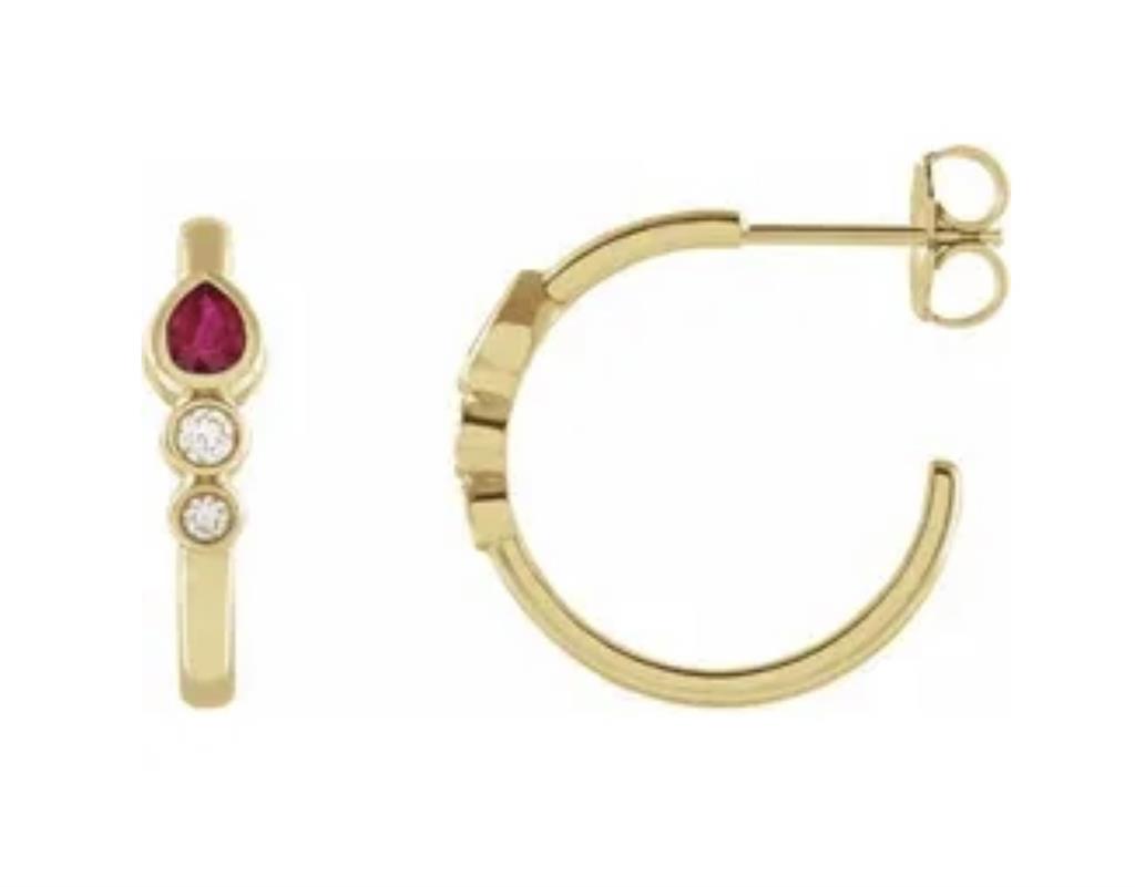 14 KT Yellow Hoop Earrings 0.03ctw Round Diamonds With 3mm 0.38 ctw Pear Rubies
