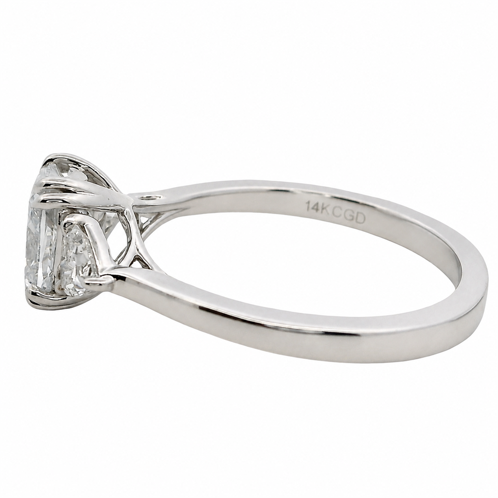 Three Stone Lab Diamond Engagement Ring White 10 Karat Gold With A 1.01 Carat Oval Shape Lab Diamond Center & Trillian Shape Lab Diamonds Side Stones