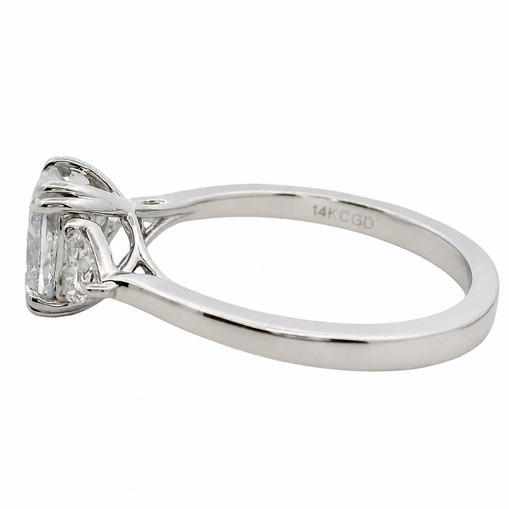 Three Stone Lab Diamond Engagement Ring White 10 Karat Gold With A 1.01 Carat Oval Shape Lab Diamond Center & Trillian Shape Lab Diamonds Side Stones