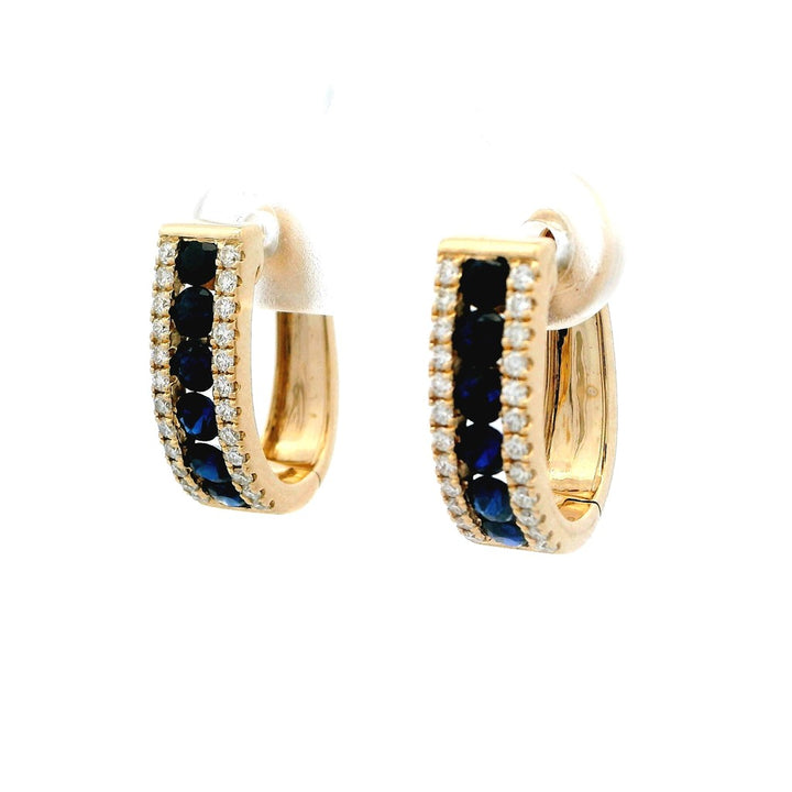 14 Karat Yellow Huggie Hoop Earrings 1.16ctw Round Sapphire 0.31 ctw Round Diamond