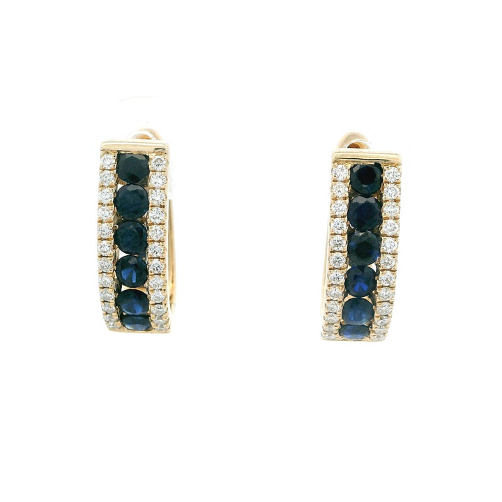 14 Karat Yellow Huggie Hoop Earrings 1.16ctw Round Sapphire 0.31 ctw Round Diamond