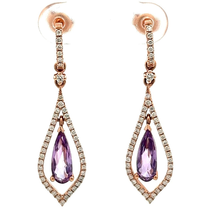 Earrings Precious Metal Colored Stone Dangle Stud Drops 14 Karat Gold Rose With 1.67ctw Amethyst 0.48 ctw & Diamonds