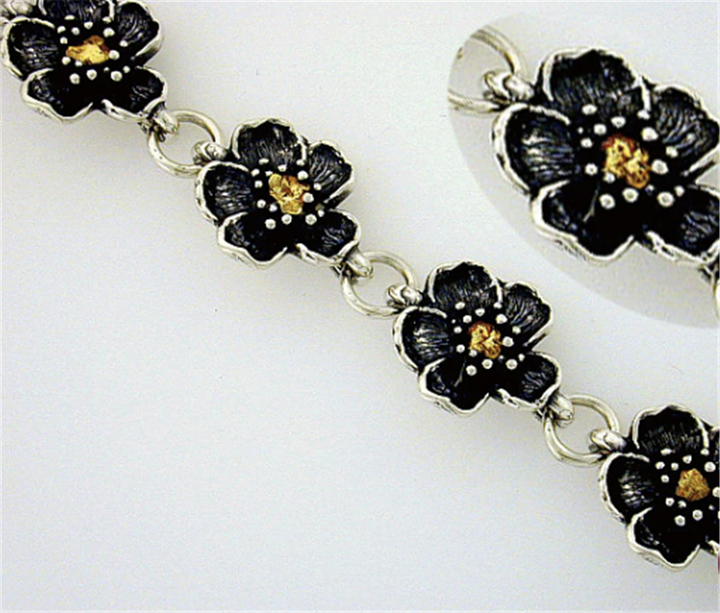 Flower Theme Bracelet Sterling Silver Two Tone Color 7.25" Long