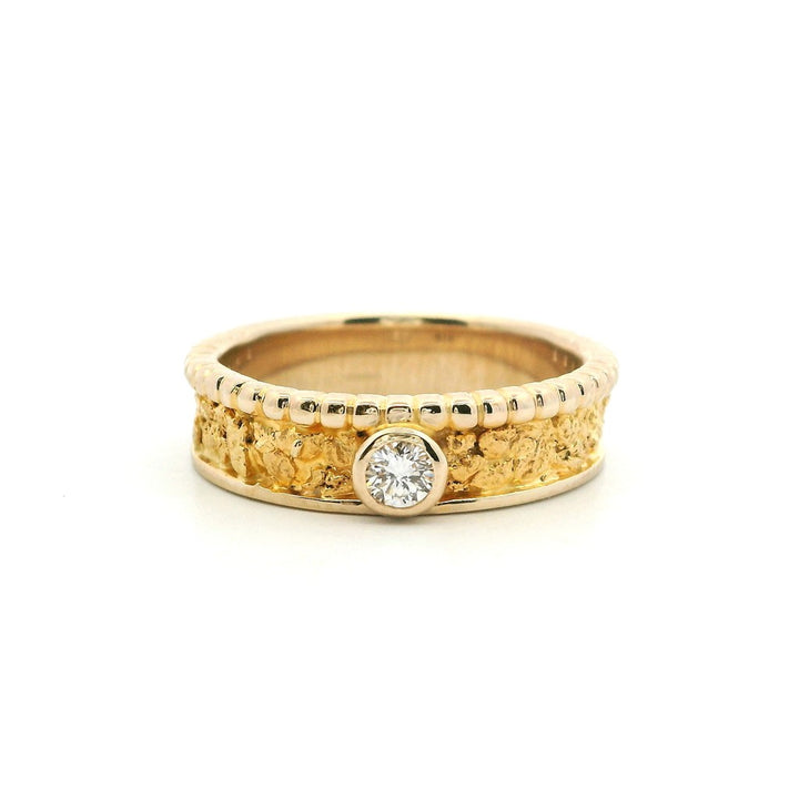 5 mm Wide Straight Channel Style Womans Gold Nugget Wedding Band 14 Karat Gold & Alaskan Gold Nugget Yellow with Lab Diamond size 7