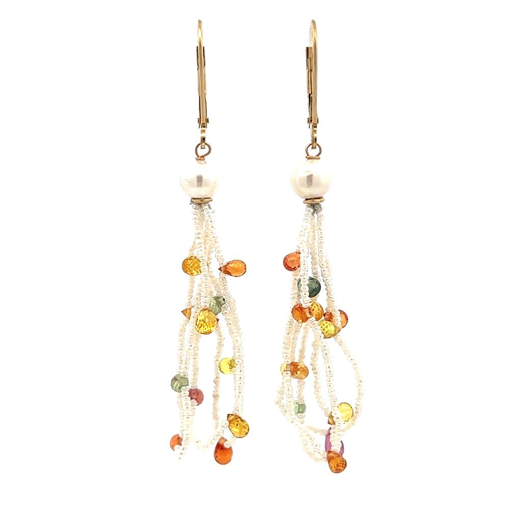 Earrings Precious Metal With Colored Stone Dangle Drop 14 KT Yellow With Sapphires & Akoya Pearl & Akoya Pearls