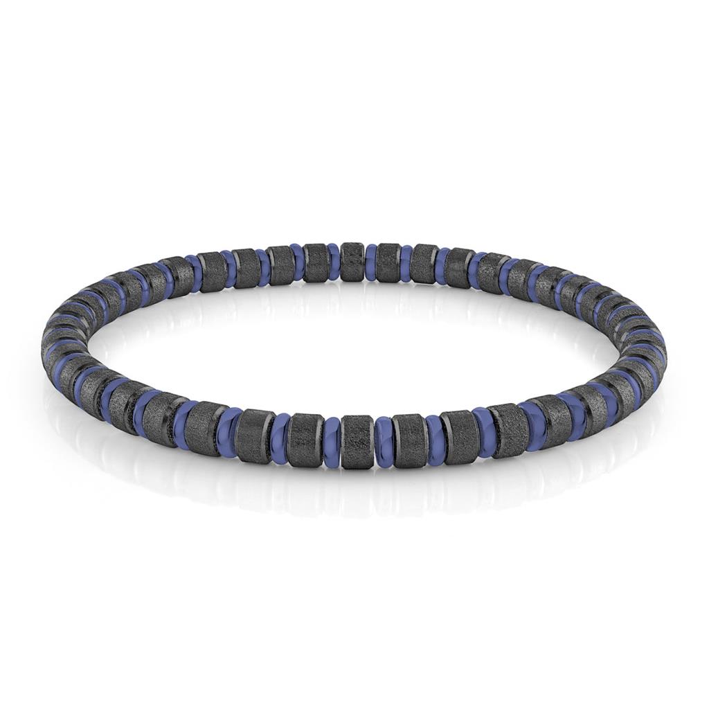 Stretch Style Gemstone Bead Bracelet ELAST with Black Stainless Steel & Blue Stainless Steel 8"