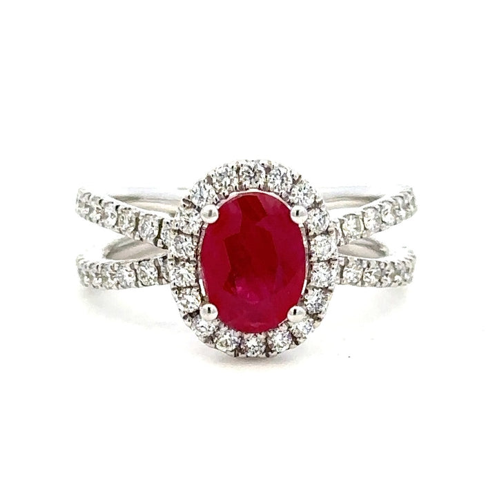 1 & 1/2 Carat Halo Style Engagement Ring White 14 Karat Gold With A Ruby Center Stone And Diamonds Accent Stones
