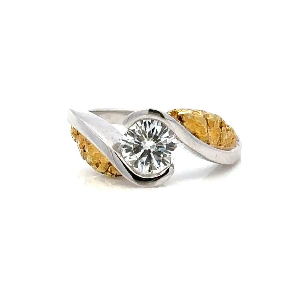 Bypass Style Diamond Engagement Ring14K & Alaskan Gold Nugget White & Yellow