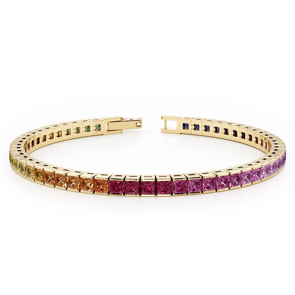 Tennis Style Gemstone Bracelet Sterling Silver Yellow With Sapphire Labs 7.5" Long