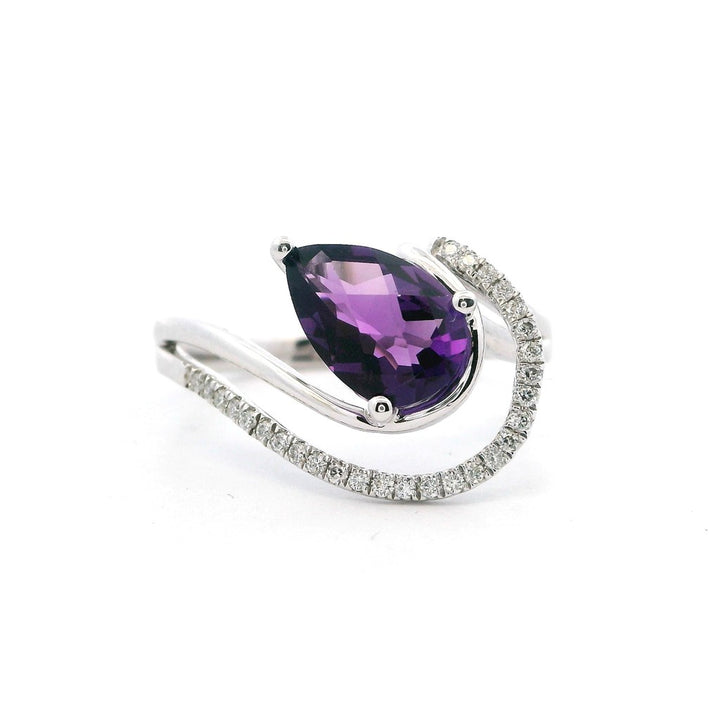 Free Form Style Colored Stone Ring 14 Karat White with Amethyst & Diamonds Accent size 7.25