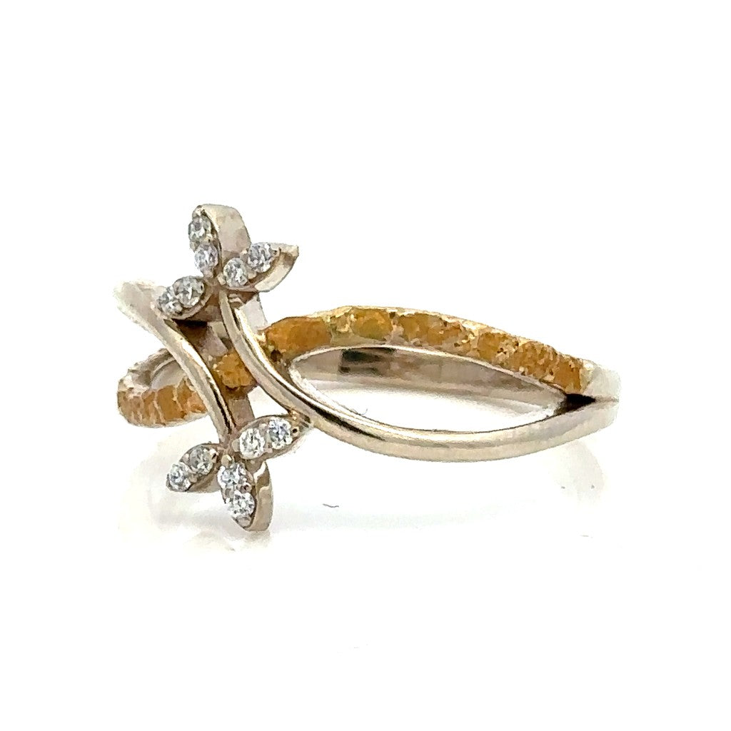 Free Form Style Fashion Ring Womens 14 Karat Gold & Alaskan Gold Nugget Two Tone with Diamonds size 7