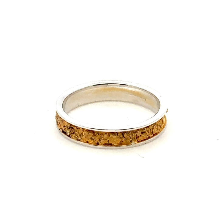 4mm Wide Straight Channel Style Womans Wedding Bands With Gold Nugget Continuum Silver & Alaskan Gold Nugget Two Tone size 7
