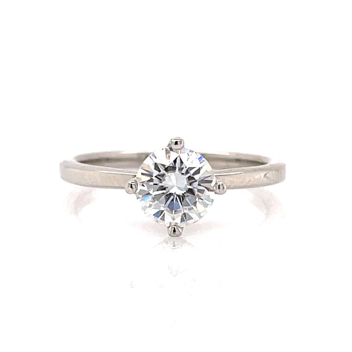 Solitare Style Engagement Ring with Colored Stone Center 14 KT White with an R Shape Moissanite Center Stone and accent stones