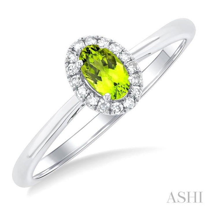 Halo Style Colored Stone Ring 10 Karat Gold White with Peridot & Diamond Accent size 7