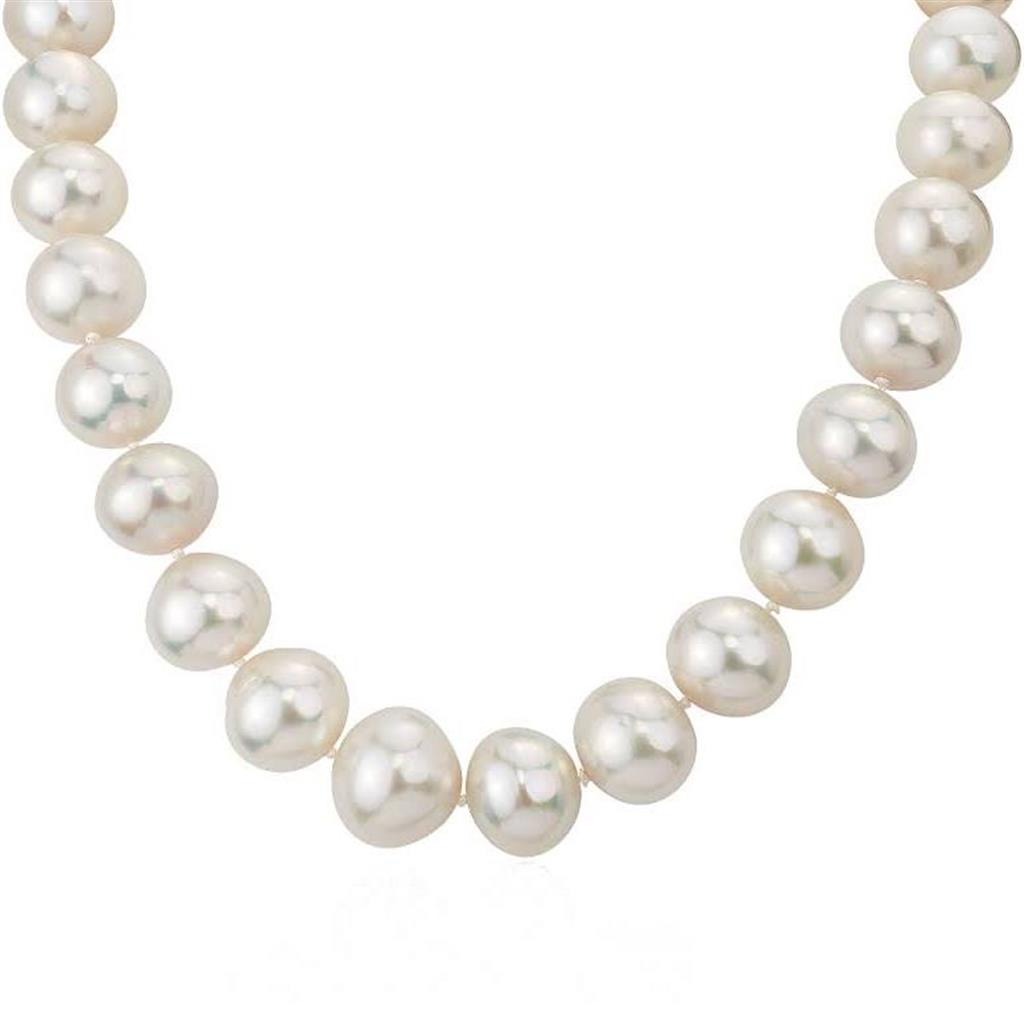 Single Strand Knotted Pearl Strand Necklace Strung on 14 KT 16" Long with White Cultured Near Round Fresh Water Pearl