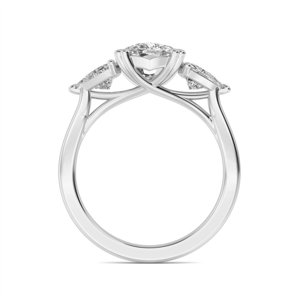 Three Stone Lab Diamond Engagement Ring White 10 Karat Gold With A 1.01 Carat Oval Shape Lab Diamond Center & Trillian Shape Lab Diamonds Side Stones