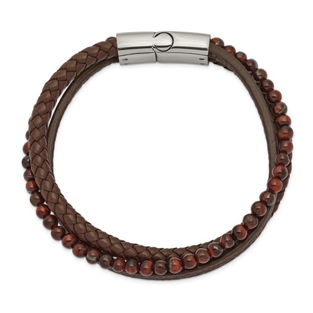 Braid Style Gemstone Bead Bracelet Stainless Steel Leather with Brown Tigers Eye 8.25"