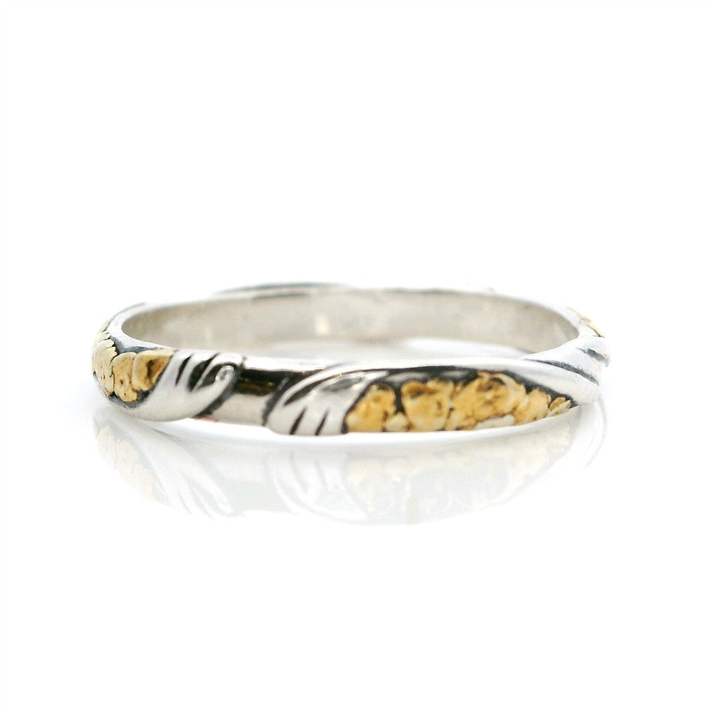Stack-Able Womens Alaskan Gold Nugget Fashion Ring 2 mm wide Sterling Silver & Alaskan Gold Nugget Size 9.5