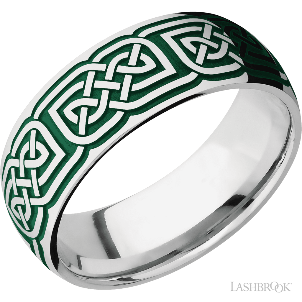 White Cobalt Chrome Alternative Metal Ring 8mm wide with a Celtic 17 pattern Green Color Size 10