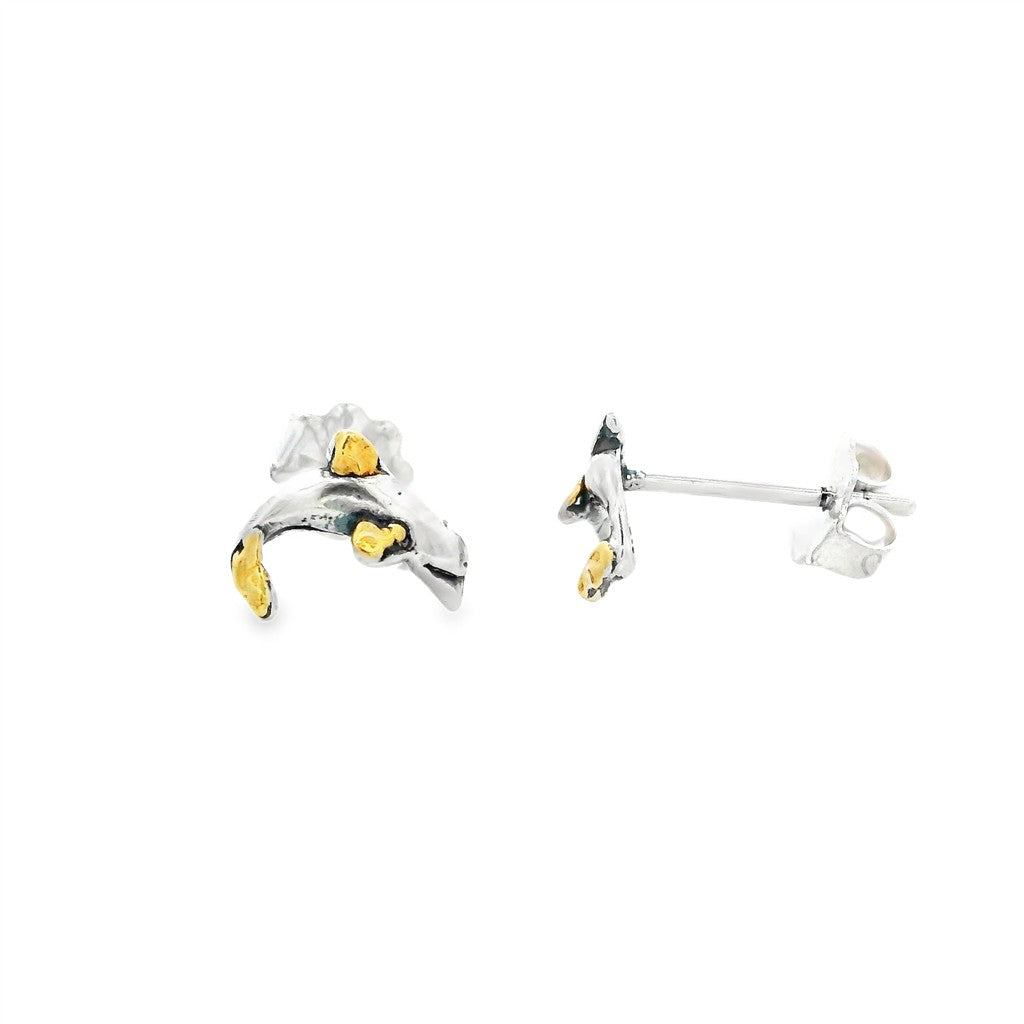 Dolphins Studs Sterling Silver Earrings Accented with Alaskan Gold Nuggets