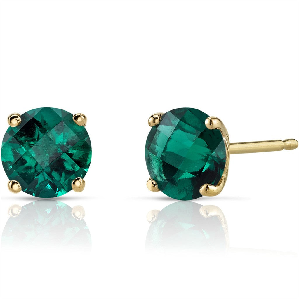 14 Karat Gold Yellow May Single Stone Stud Earrings 1.50ctw Lab Grown Round Emeralds