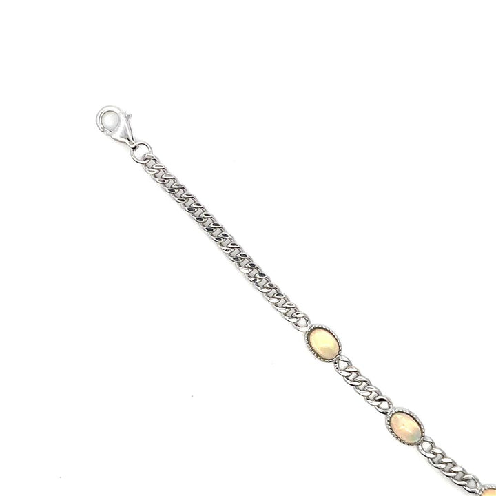 Curb Link Style Colored Stone Bracelet Sterling Silver White With Opal 7.5" Long