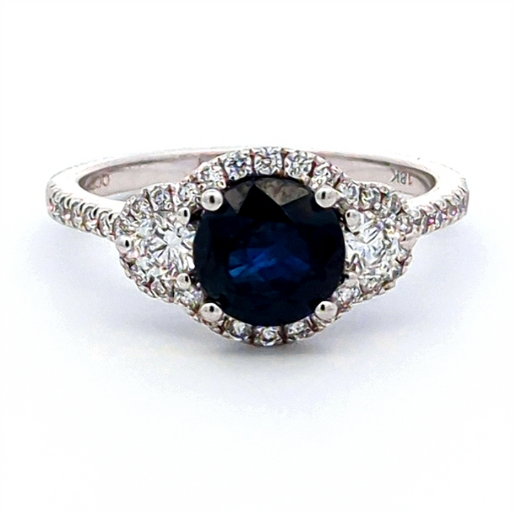 3 Stone Style Colored Stone Ring 18 KT White with Sapphire & Diamond Accent size 7