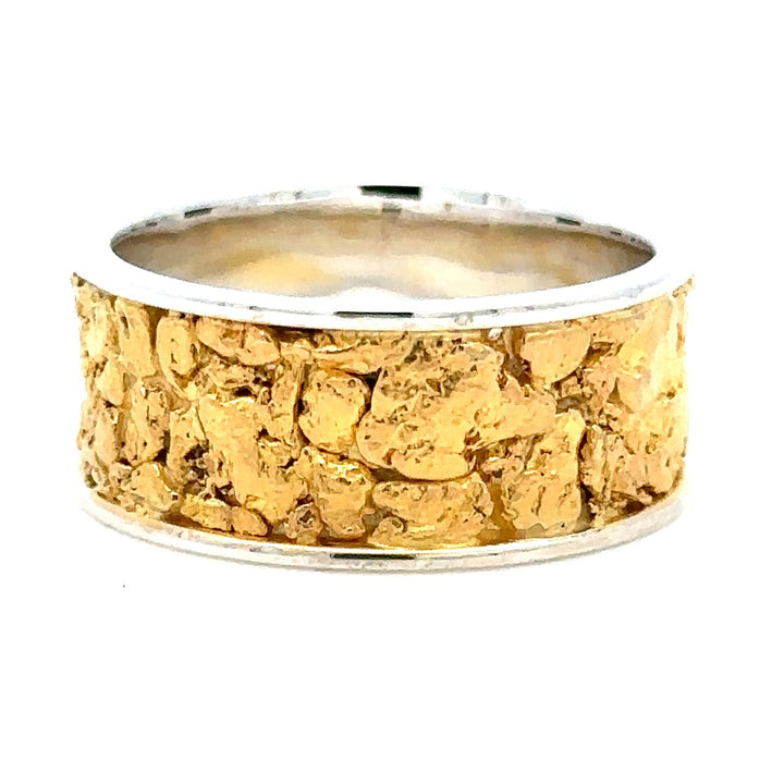 10mm Wide Straight Channel Style Mens Gold Nugget Wedding Band Continuum Silver & Alaskan Gold Nugget Two Tone size 11