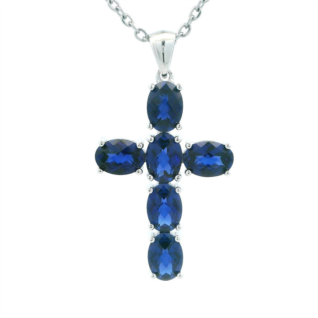 Cross Pendant Sterling Silver Silver with Oval Blue Sapphire Labs