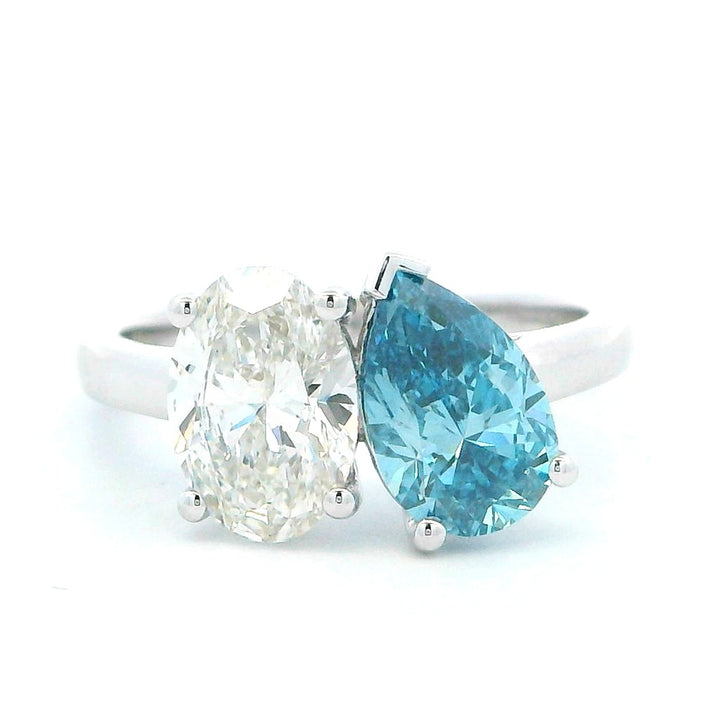 Two Stone Lab Diamond Engagement Ring White 14 Karat Gold With A 1.56 Carat Oval Shape Lab Diamond Center & Pear Shape Lab Diamond Side Stones