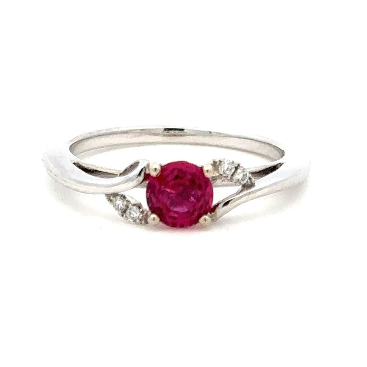 Geometric Style Colored Stone Ring 14 KT White with Diamonds & Ruby Accent size 6