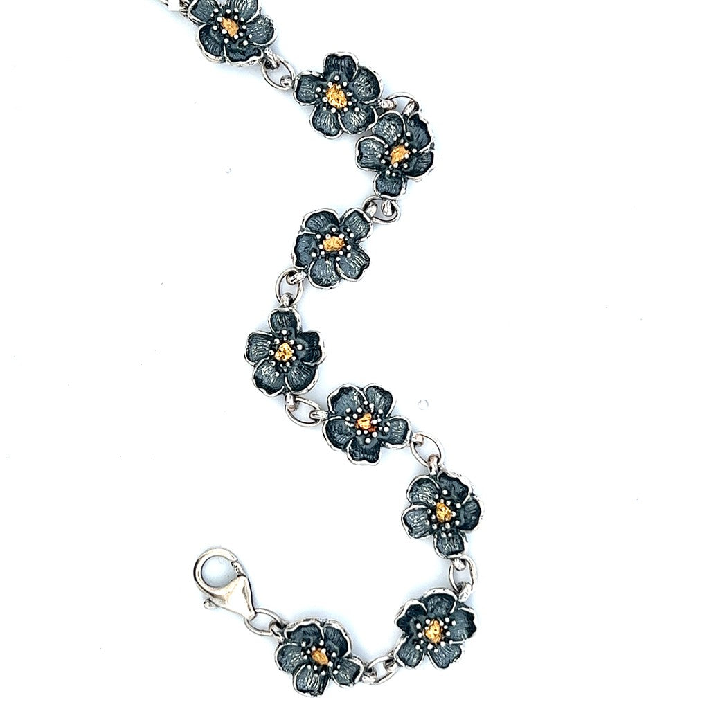 Flower Theme Bracelet Sterling Silver Two Tone Color 7.25" Long