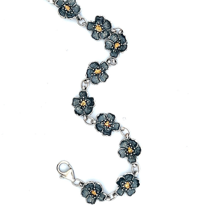 Flower Theme Bracelet Sterling Silver Two Tone Color 7.25" Long