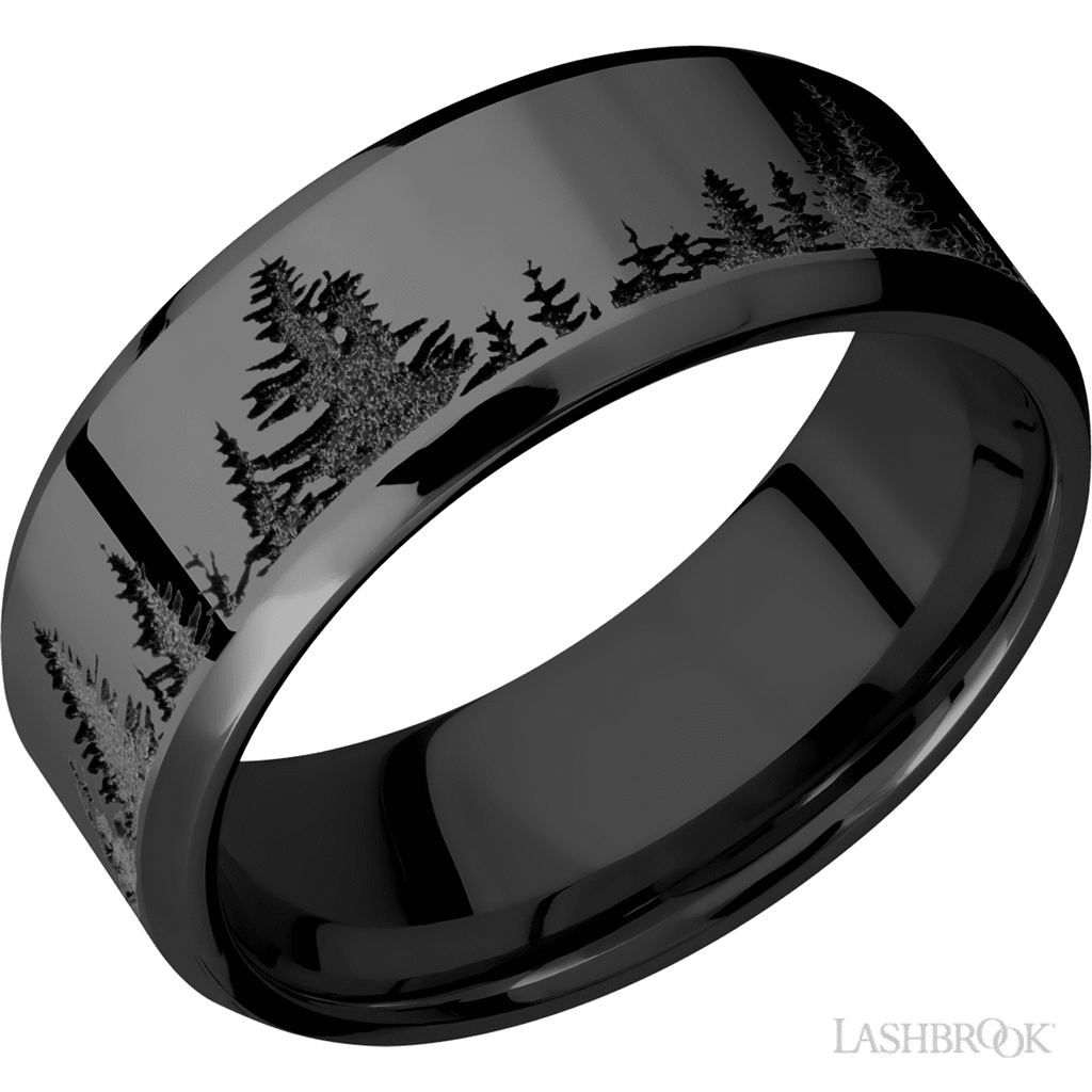 Black Zirconium Alternative Metal Ring 8mm wide with a Trees pattern Size 10