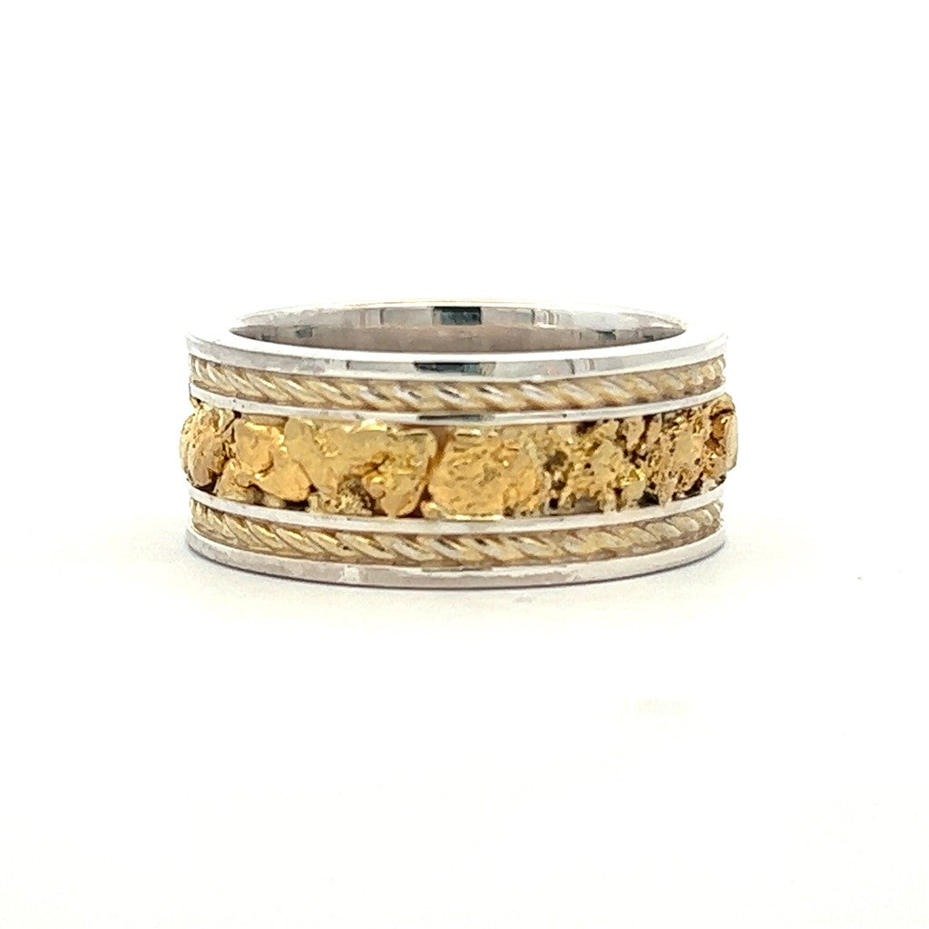 9mm Wide Rope Straight Channel Style Mens Gold Nugget Wedding Band Sterling Silver & Alaskan Gold Nugget Two Tone size 10