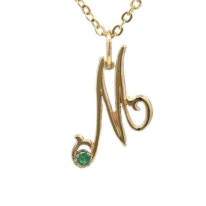 M Initial Pendants 14 KT Yellow with Round Green Emerald