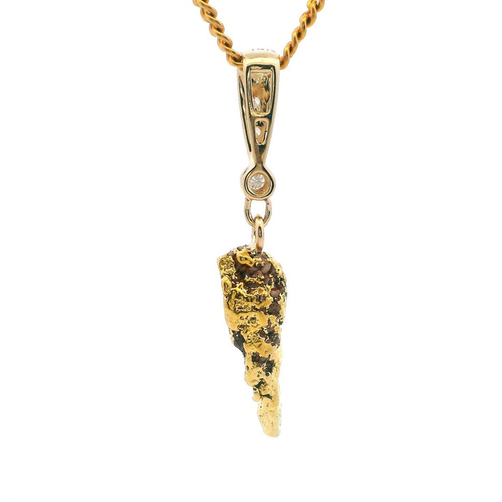 Alaskan Gold Nugget Necklace Indian Drop 1.09 " long On a Base Metal Yellow Display Chain With G/H Diamonds