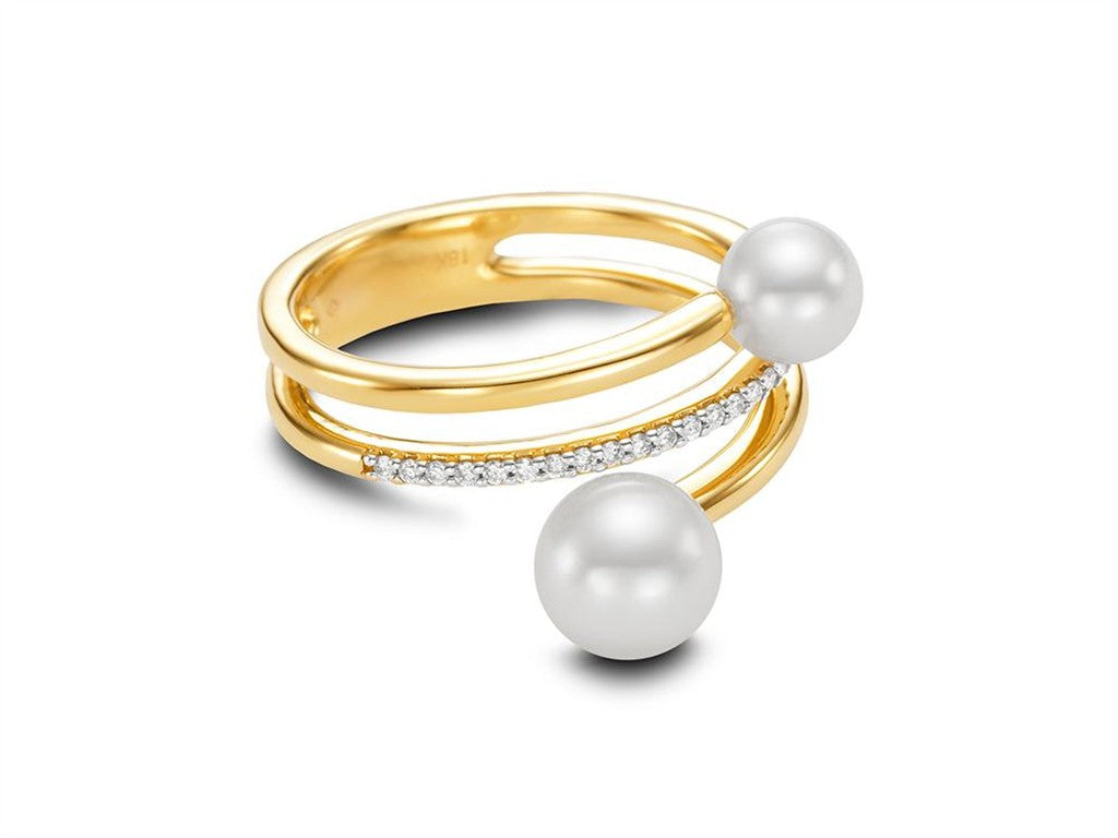 2 Stone Style Pearl Ring 18 Karat Gold Yellow with Fresh Water Pearl & Diamonds Accent & Fresh Water Pearl Accent size 7.25